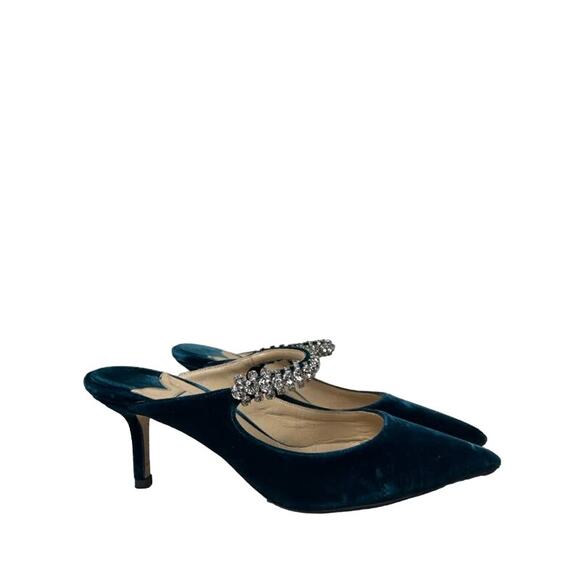 JIMMY CHOO Blue Velvet Crystal Strap Bling Pointed Toe Mules Heels 37.5 US 7.5 - Picture 7 of 8